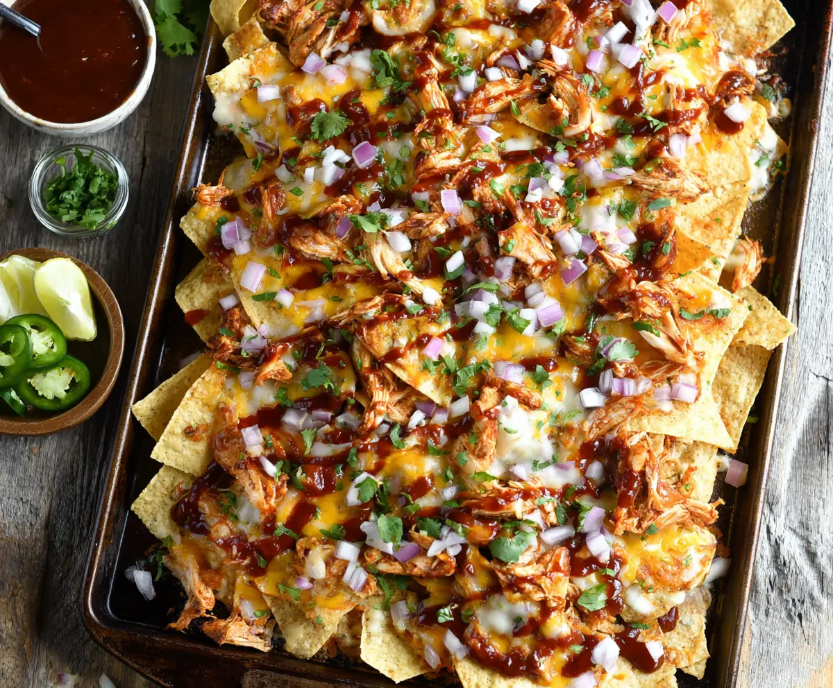 Delicious Sheet Pan BBQ Chicken Nachos topped with melted cheese, BBQ sauce, and fresh cilantro, served on a baking sheet.
