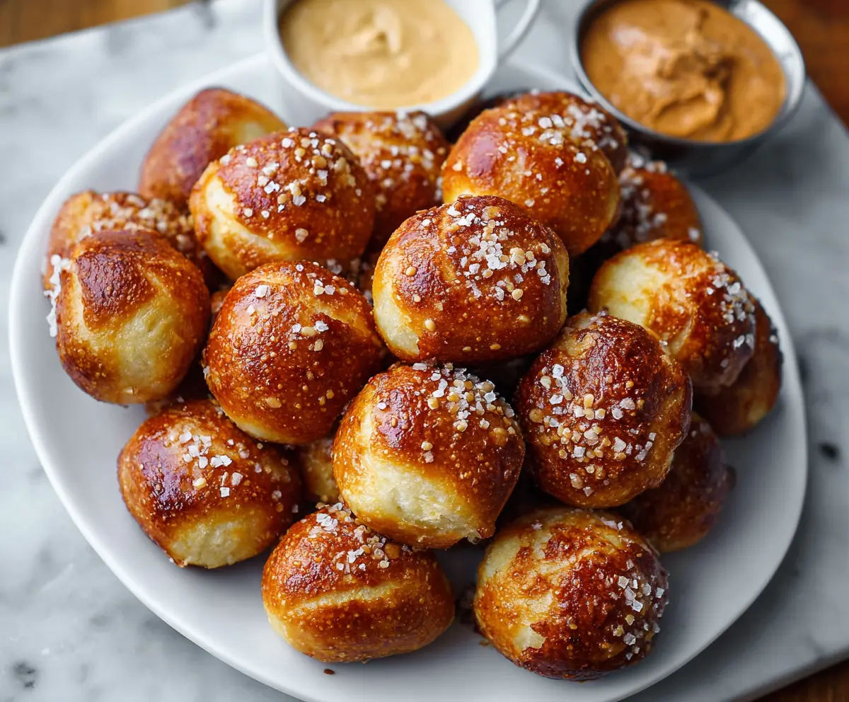 Close-up of soft pretzel bites served with dipping sauce, perfect for snack lovers.