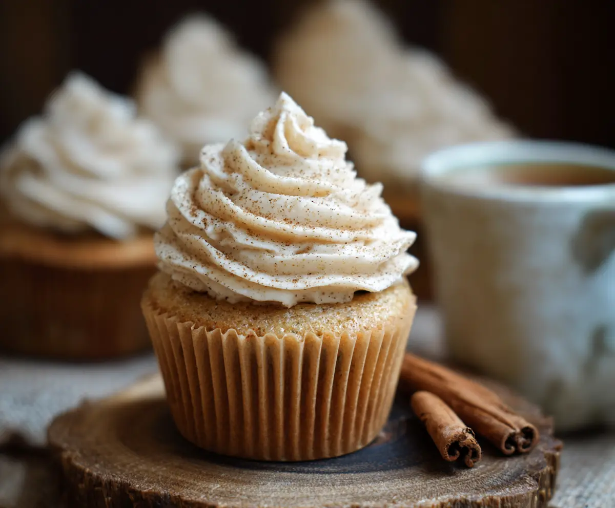 Delicious sourdough chai cupcakes topped with frosted cream and cinnamon, perfect for tea time.