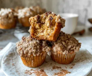 Delicious sourdough discard coffee cake muffins with crumble topping on a rustic plate