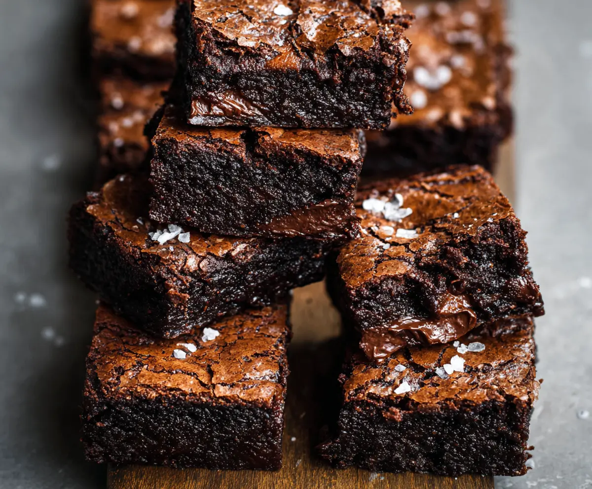 Delicious sourdough discard fudgy chocolate brownies on a plate, showcasing a rich, moist texture and glossy chocolate topping.
