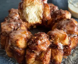 Delicious sourdough discard monkey bread topped with sugar and cinnamon.