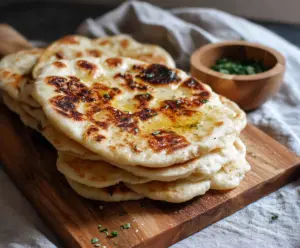 Delicious homemade sourdough discard naan bread on a rustic wooden table.