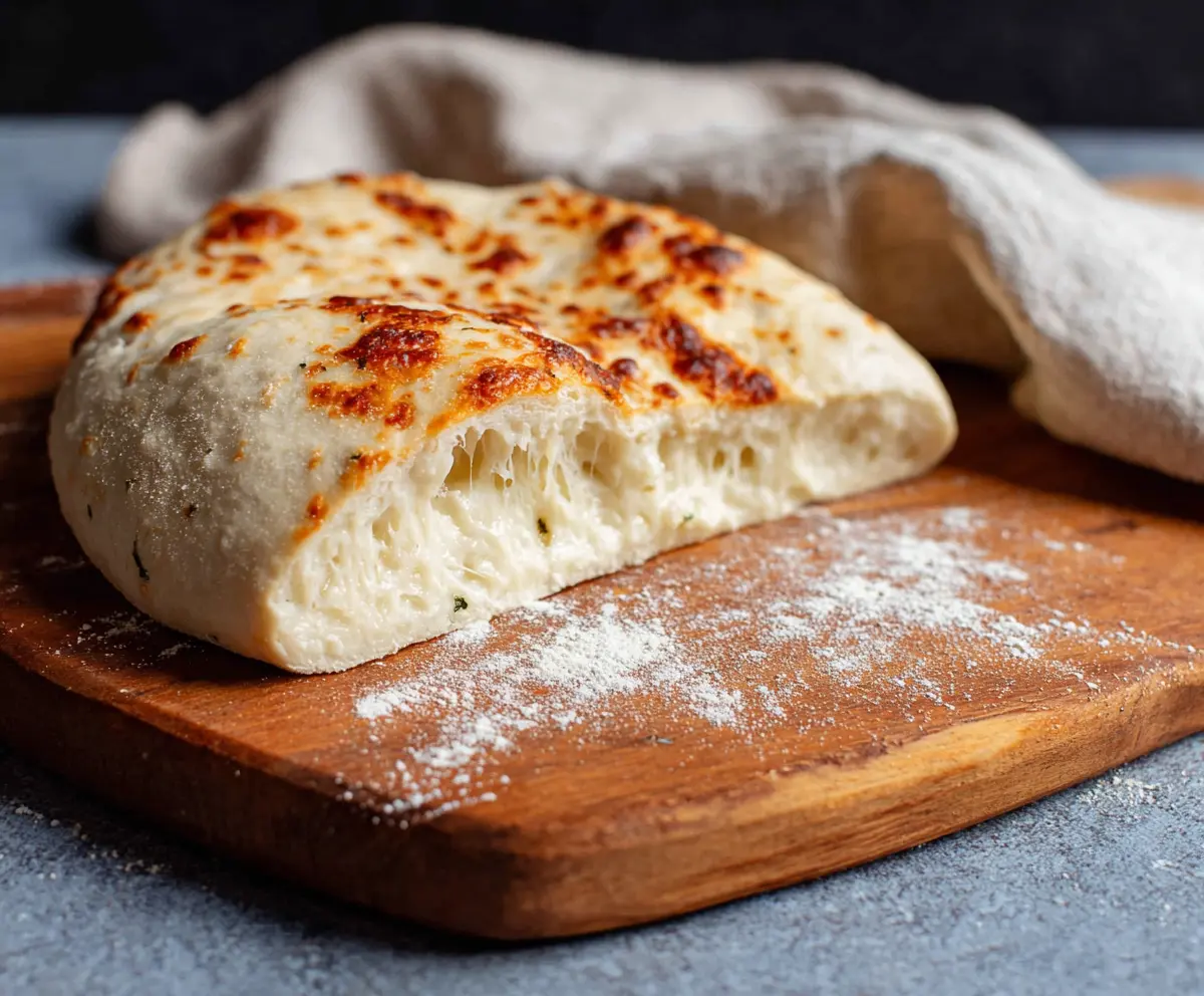 Homemade sourdough discard pizza dough ready for baking on a wooden surface.