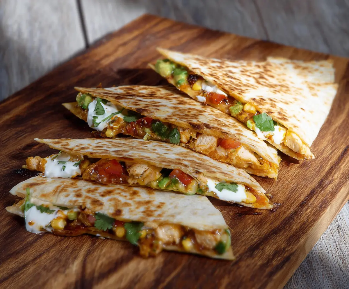 Savory Southwest Chicken Quesadillas filled with melted cheese and tender chicken served with fresh salsa.