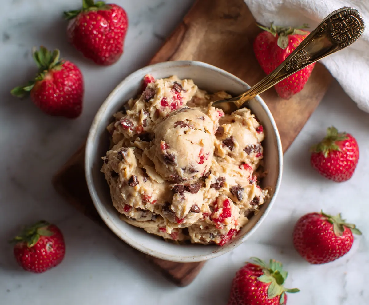 Delicious strawberry protein cookie dough on a plate ready to eat.