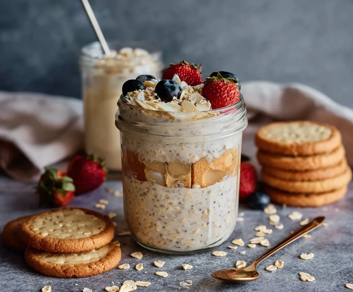 Creamy Sugar Cookie Overnight Oats topped with sprinkles and a sugar cookie for a sweet breakfast treat.