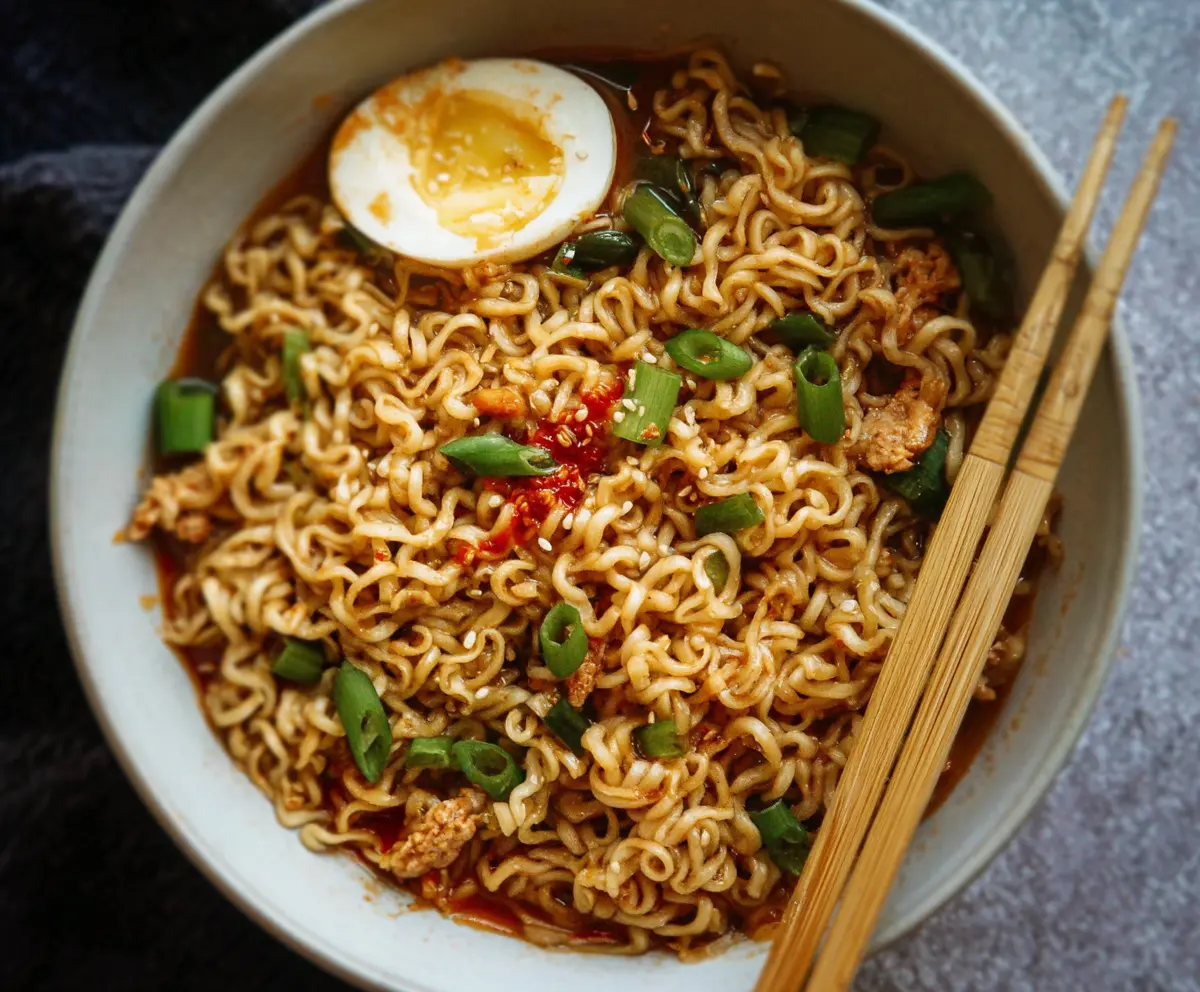 Delicious Sweet Chili Ramen Noodles served in a bowl, garnished with green onions and sesame seeds.