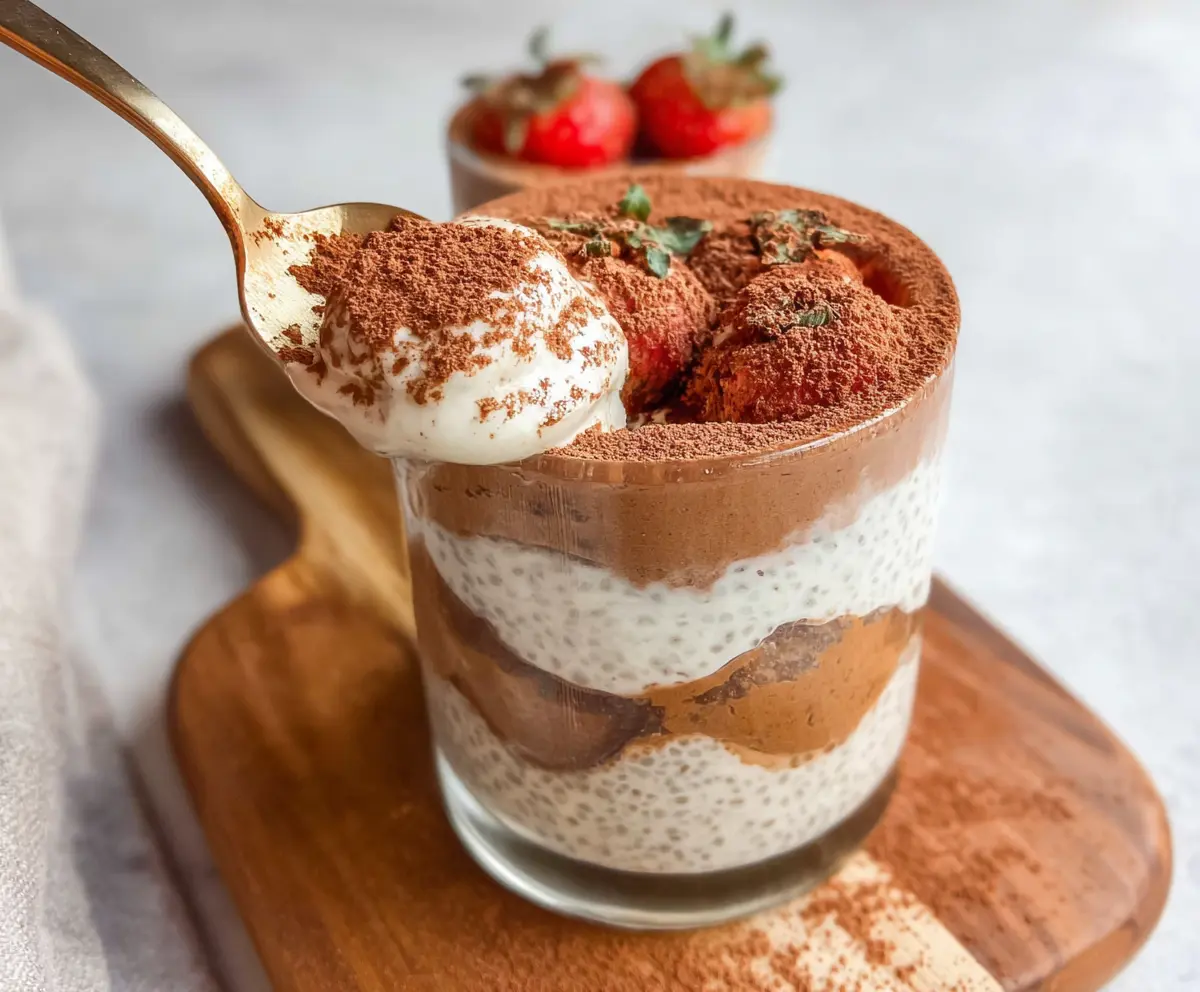 Delicious Tiramisu Chia Pudding with coffee, cocoa, and mascarpone layers in a glass bowl.