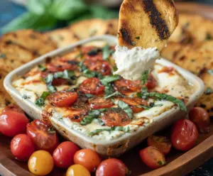 Creamy Tomato Mozzarella Caprese Dip garnished with fresh basil and basil leaves.