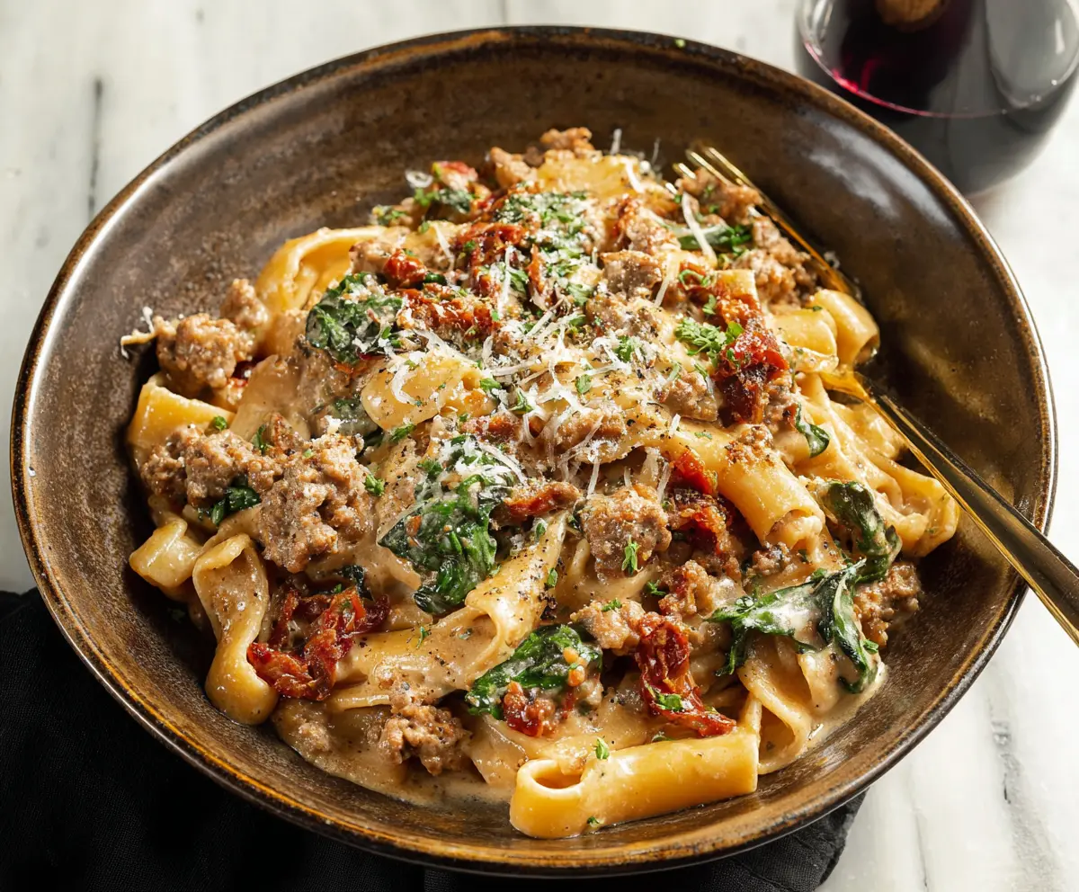 Delicious Tuscan sausage pasta with fresh herbs and melted cheese on a rustic plate.