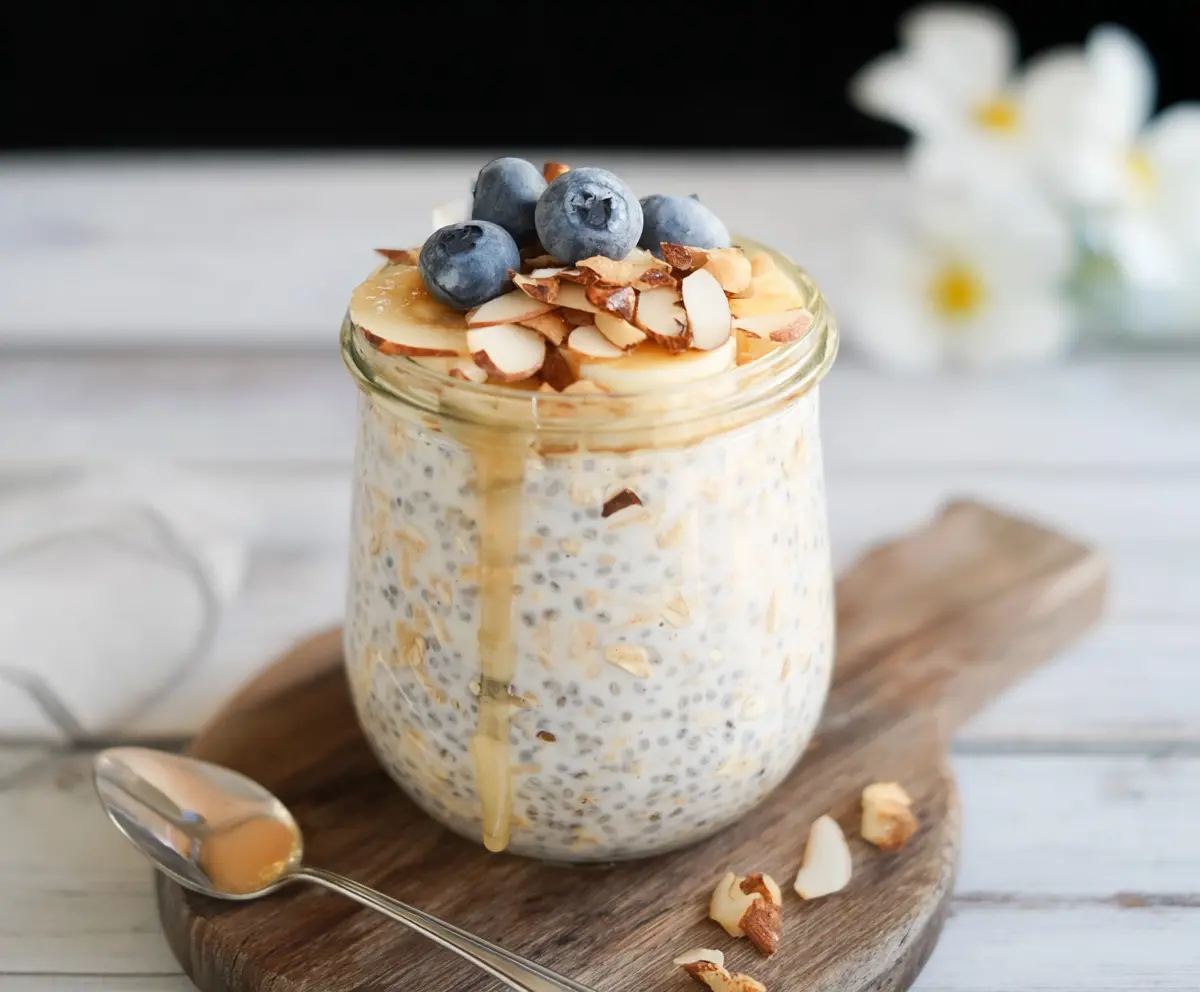 Creamy vanilla overnight oats in a glass jar topped with fresh berries for a healthy breakfast.