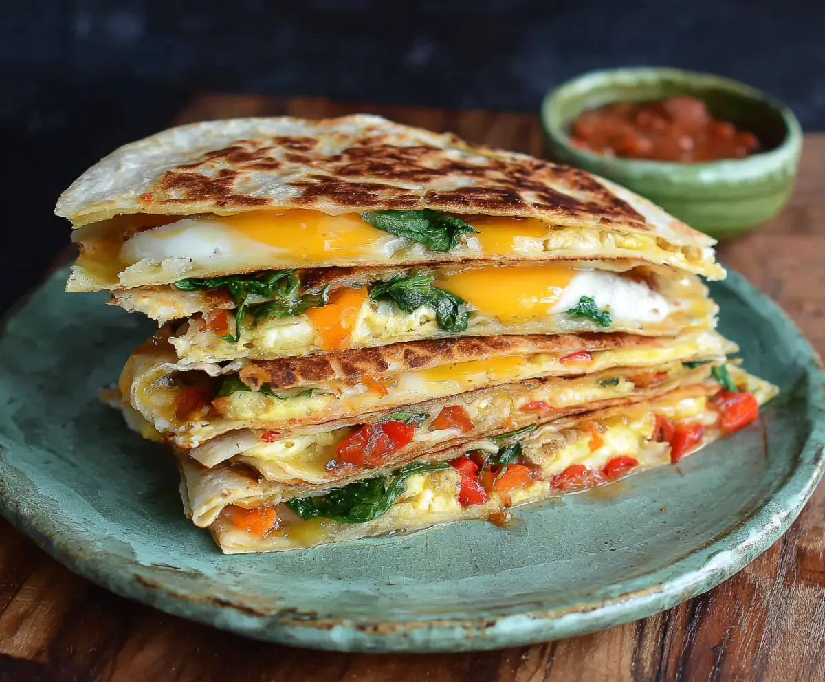Delicious veggie breakfast quesadilla filled with colorful vegetables and melted cheese on a plate.