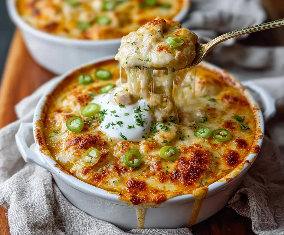 Creamy White Chicken Chili Cottage Cheese Winter Bake served in a baking dish with fresh herbs.