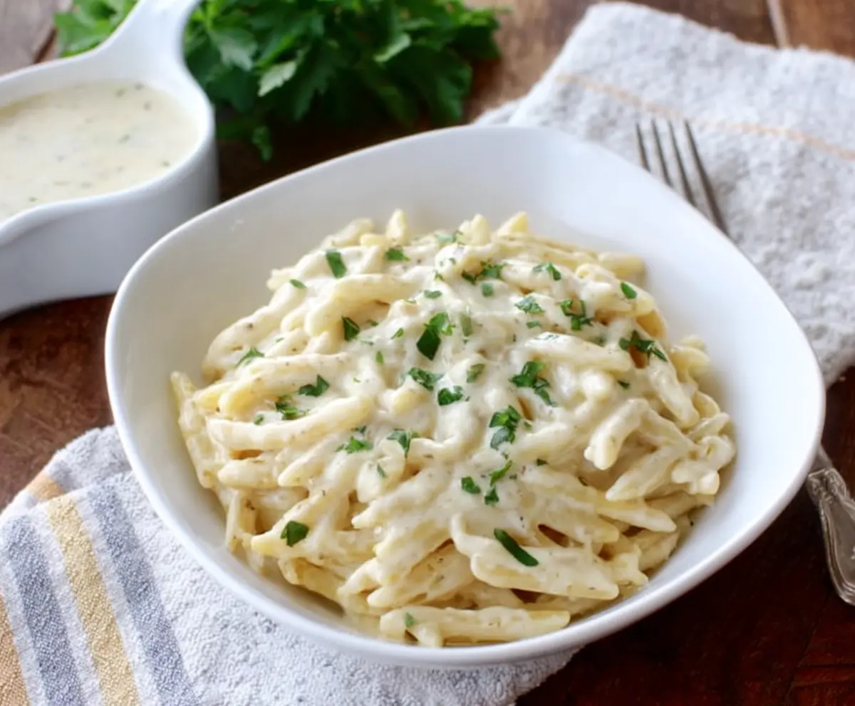 Creamy white pasta sauce served over al dente spaghetti, perfect for a quick dinner.