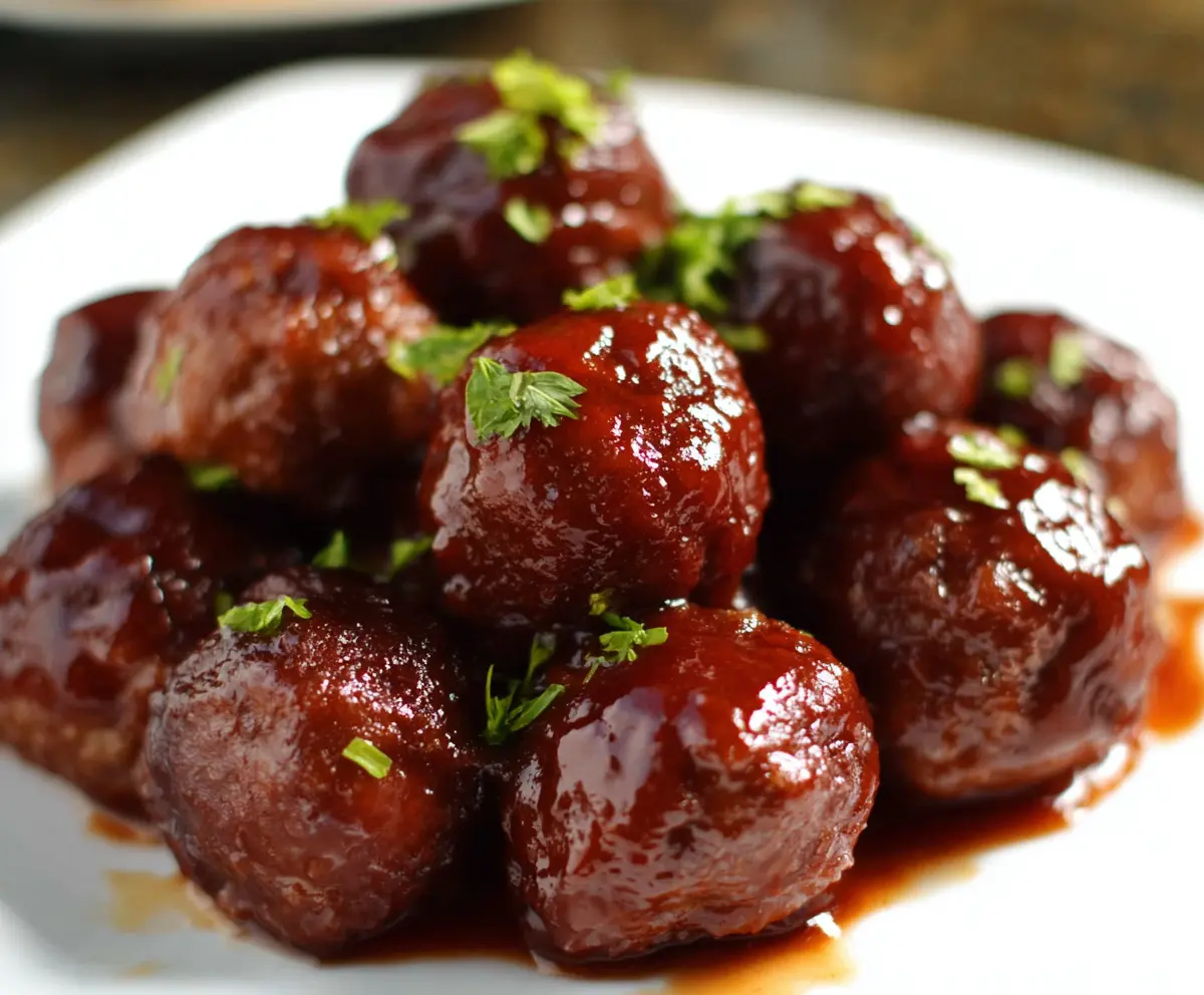 Delicious 3 Ingredient Crockpot BBQ Meatballs served in a bowl with fresh herbs.