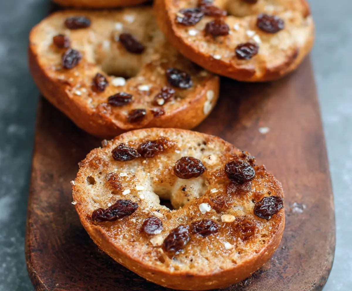 Delicious homemade cinnamon raisin Greek yogurt bagels on a plate, showcasing a quick and easy 5-ingredient recipe.