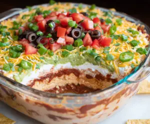 Delicious 7 Layer Bean Dip with colorful ingredients like beans, cheese, and salsa displayed on a serving plate.