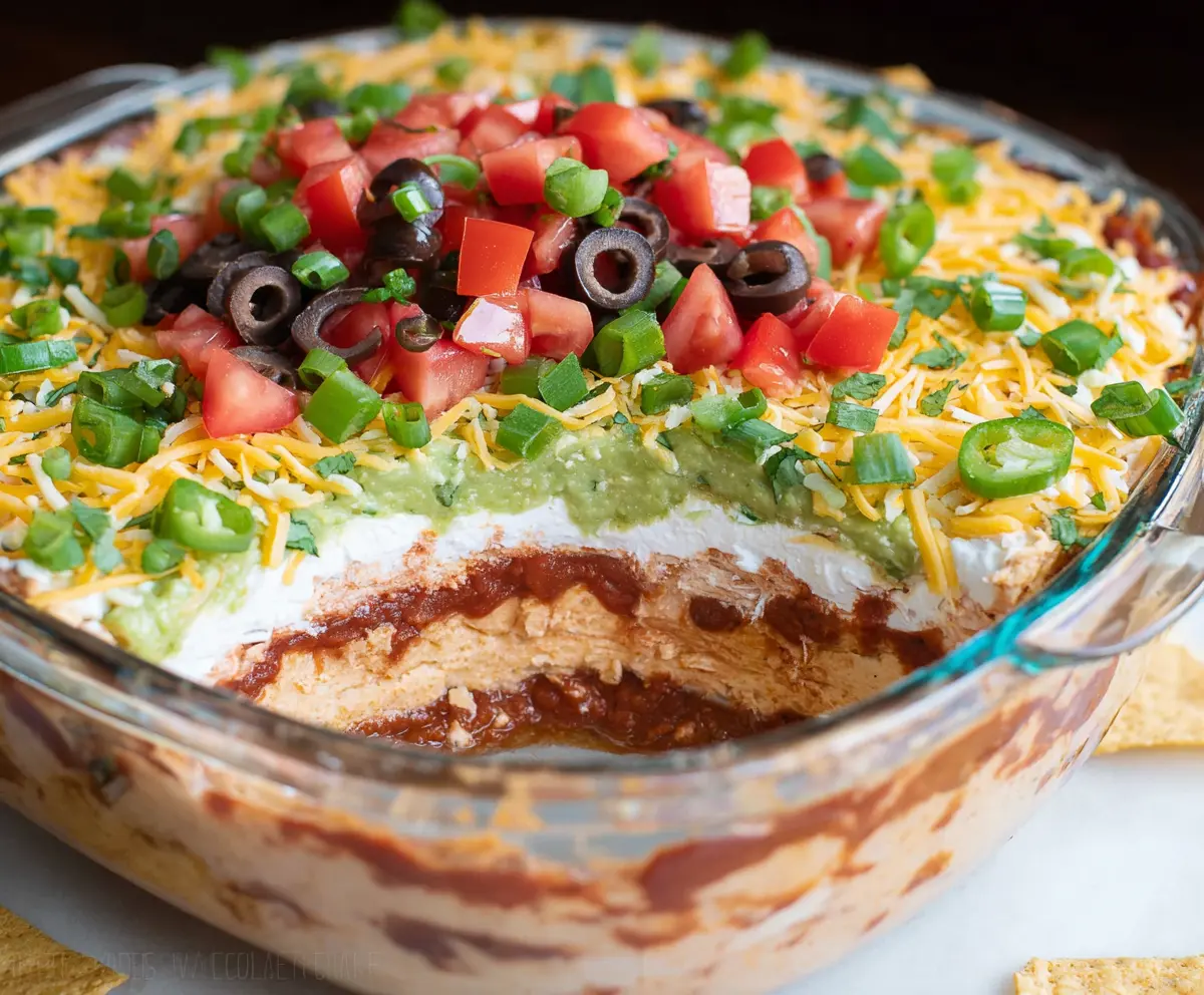 Delicious 7 Layer Bean Dip with colorful ingredients like beans, cheese, and salsa displayed on a serving plate.