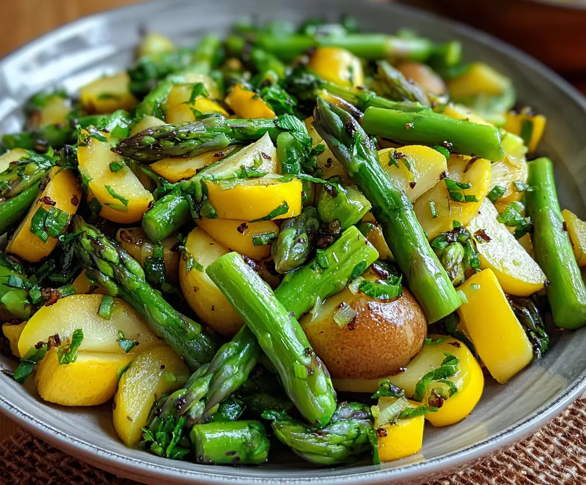 Fresh asparagus with zucchini and squash arranged on a rustic wooden table.