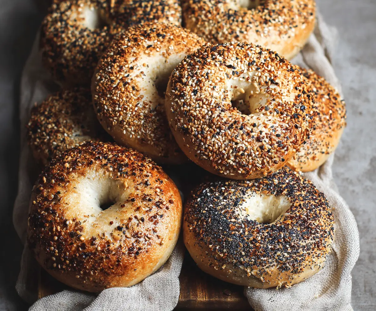 Freshly baked authentic New York style bagels with a shiny crust and chewy interior on a breakfast platter.