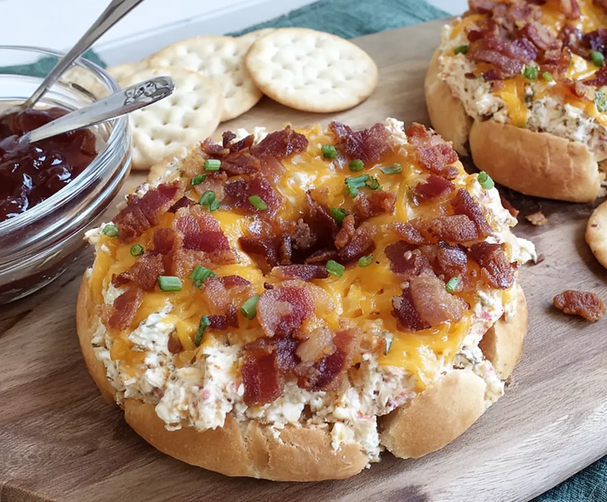 Delicious Bacon Cheese Ring Party Dip served on a platter, perfect for gatherings.