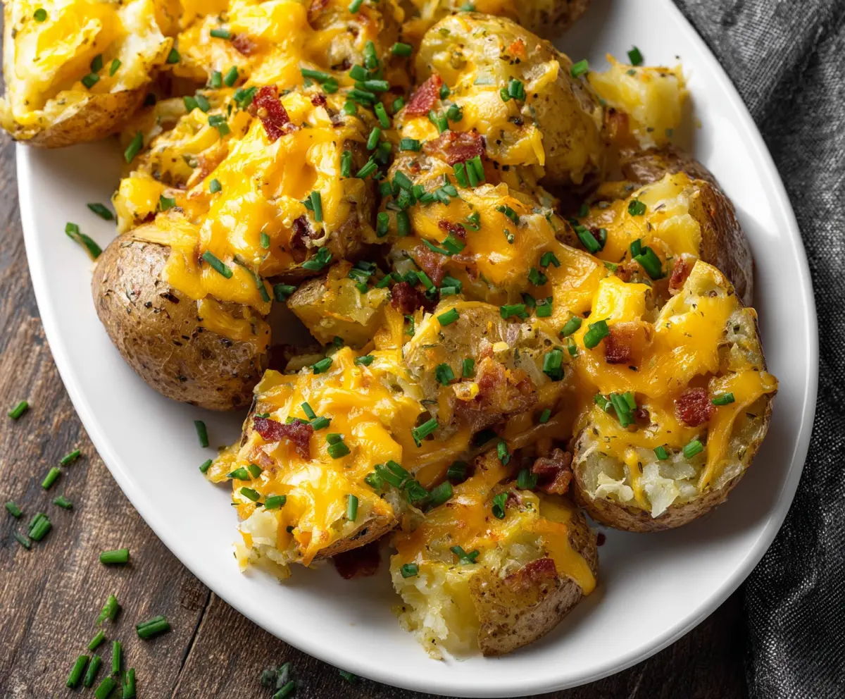 Delicious baked cheddar ranch potatoes garnished with fresh herbs on a white plate.
