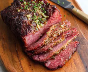 Delicious baked corned beef served with vegetables on a dinner plate