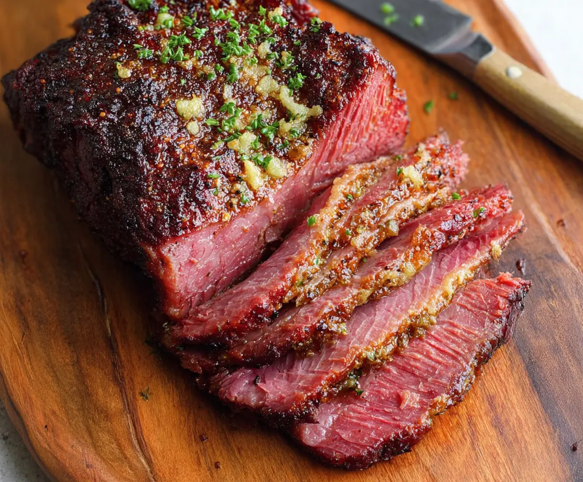 Delicious baked corned beef served with vegetables on a dinner plate