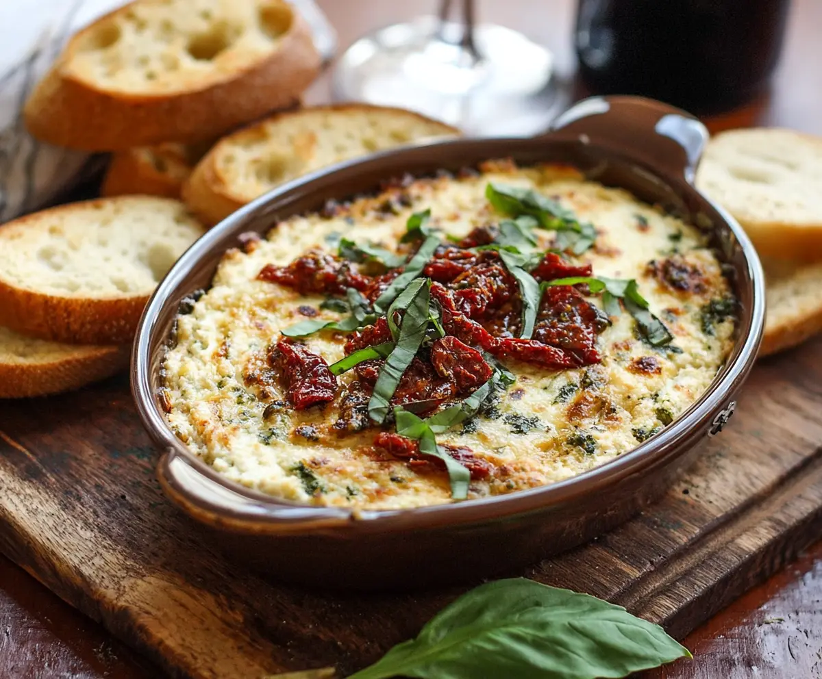 Delicious baked pesto and sun-dried tomato dip served in a bowl, perfect for appetizers and snack time.