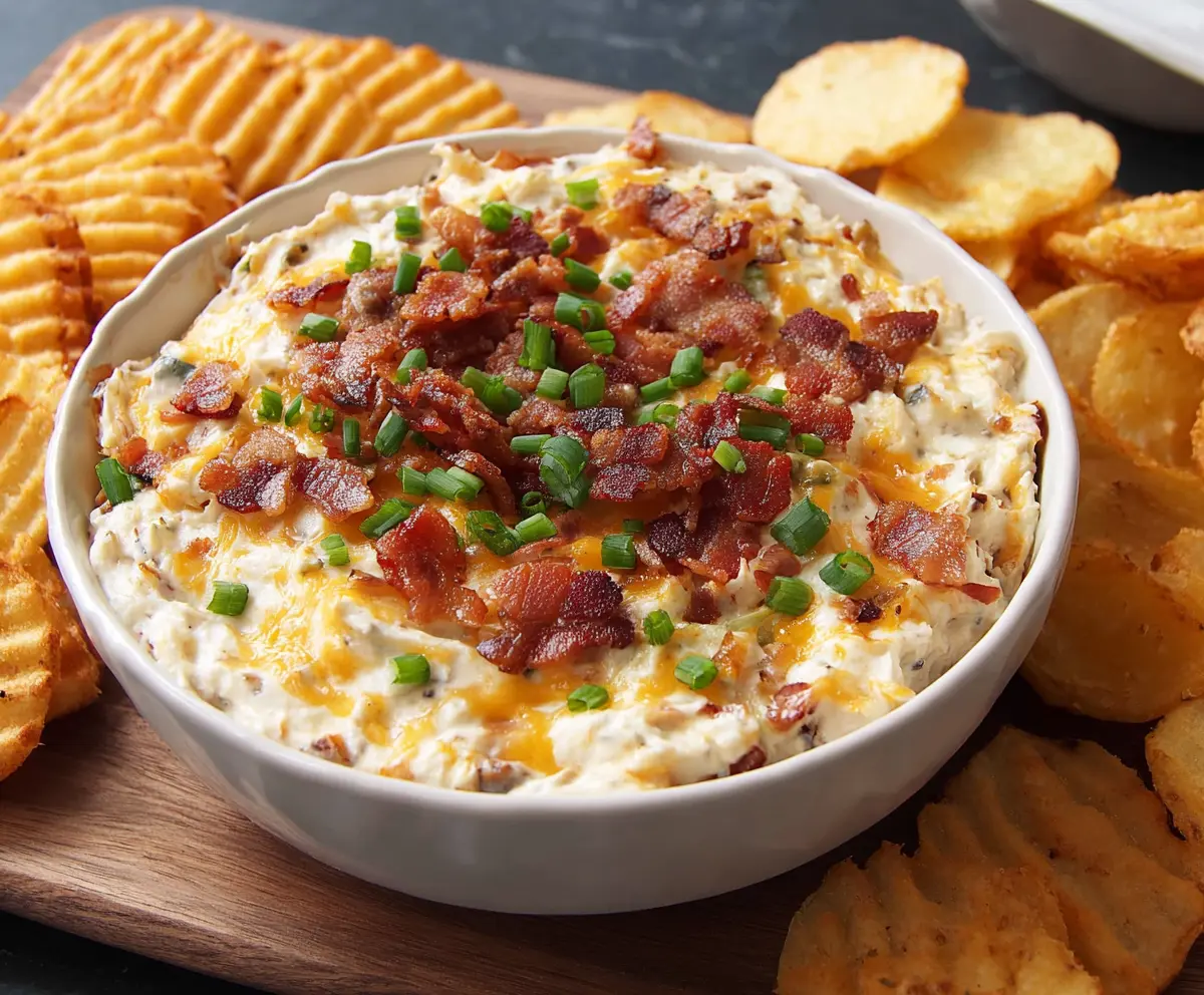 Creamy baked potato dip garnished with herbs served in a bowl for dipping