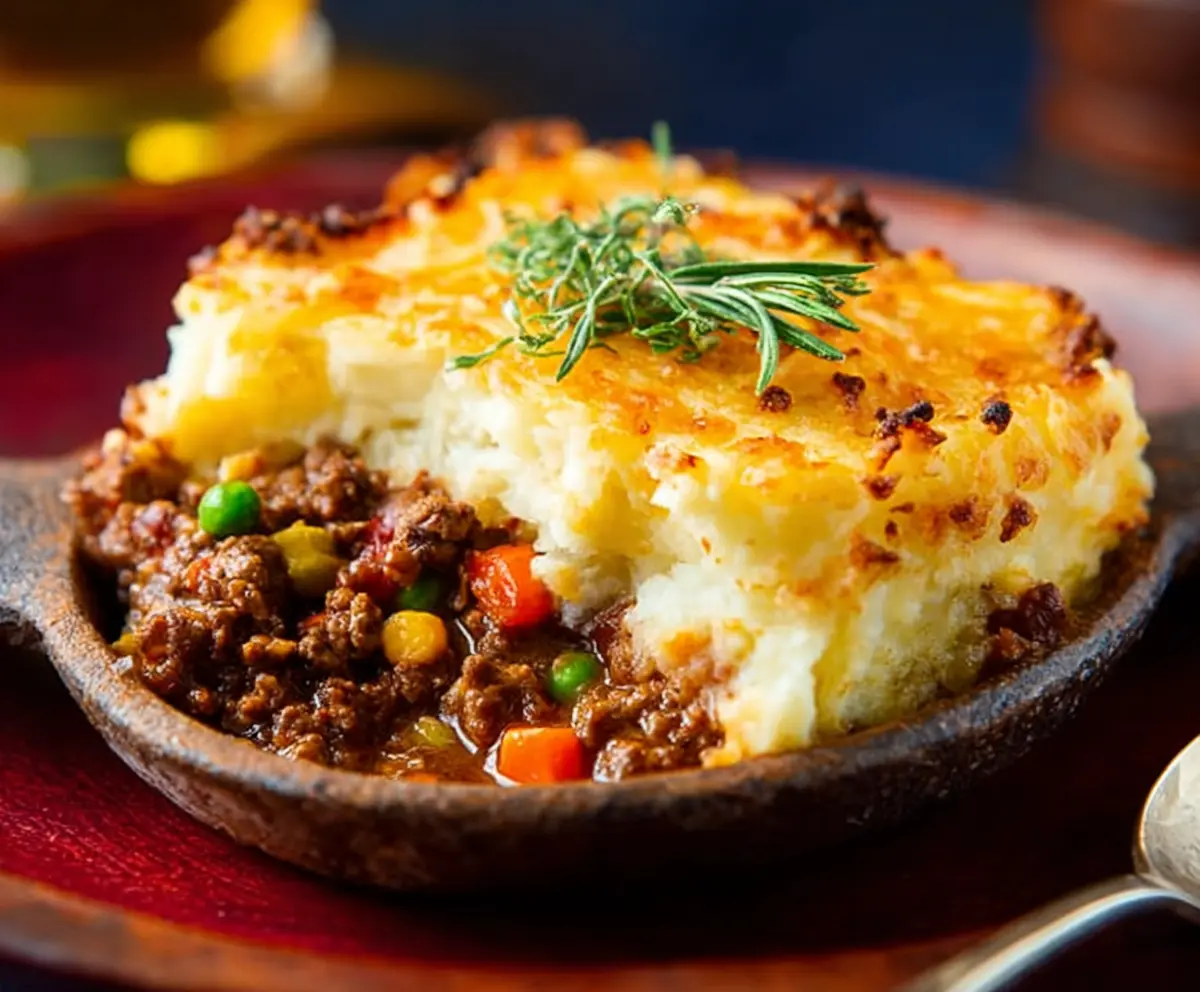 Delicious Beef Shepherd's Pie topped with golden mashed potatoes and melted cheese.
