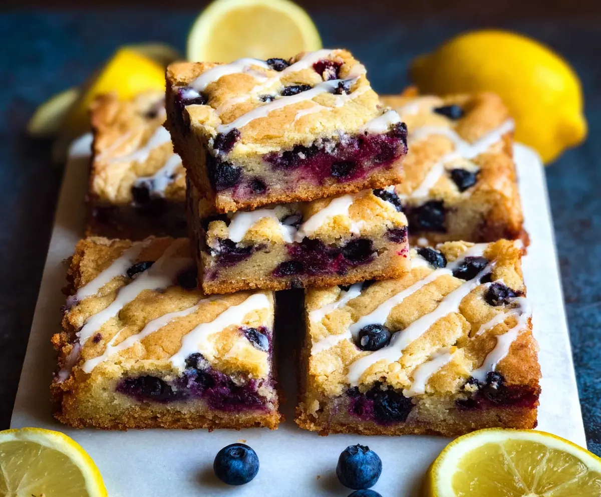 Delicious blueberry lemon blondies garnished with fresh blueberries and lemon zest on a white plate.