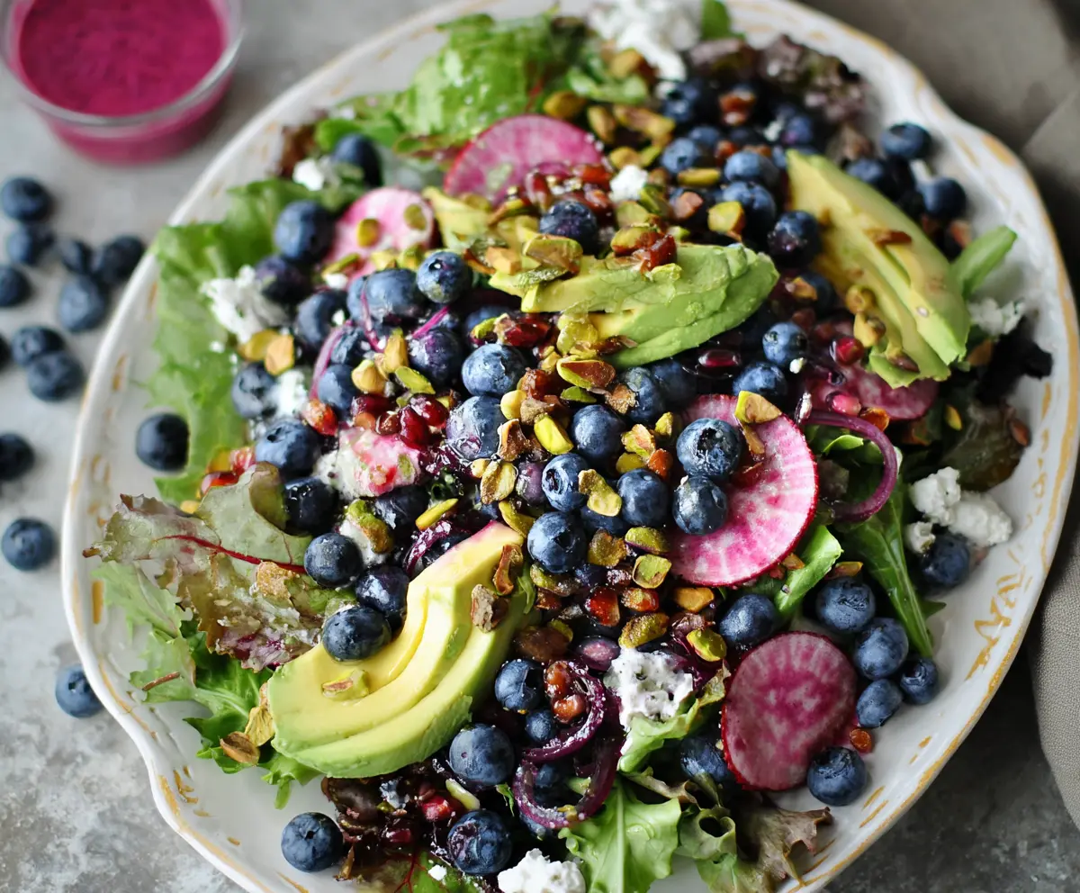 Fresh blueberry and pistachio spring salad in a bowl, showcasing vibrant colors and healthy ingredients.