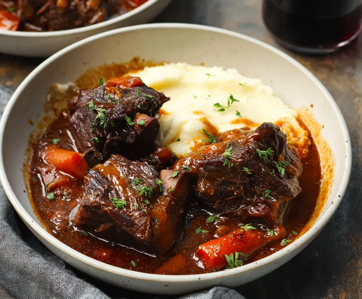 Delicious braised short ribs served with vegetables and rich sauce