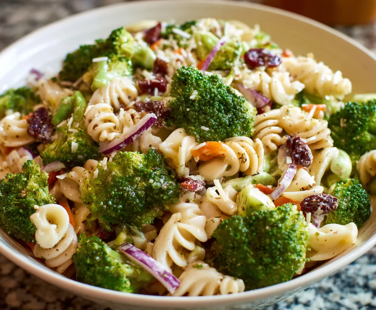 Fresh broccoli pasta salad with cherry tomatoes and a light vinaigrette in a bowl, perfect for healthy meals.