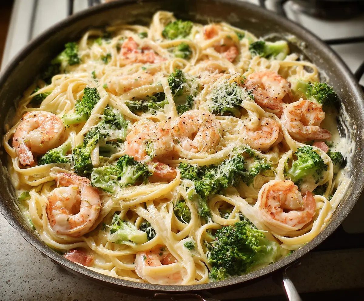 Creamy broccoli and shrimp Alfredo pasta served in a white bowl, garnished with herbs.