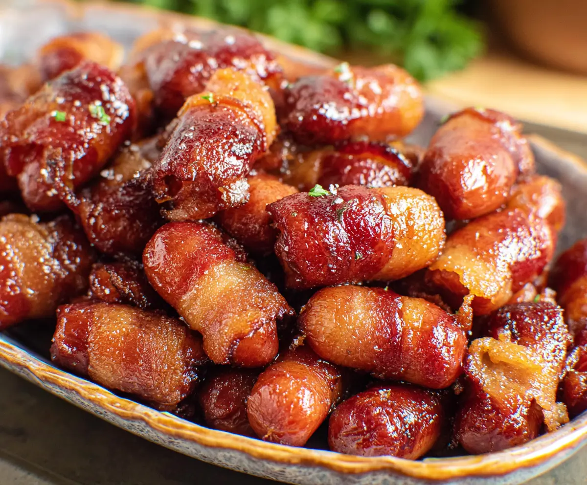 Crispy bacon-wrapped Little Smokies with brown sugar glaze on a serving platter.