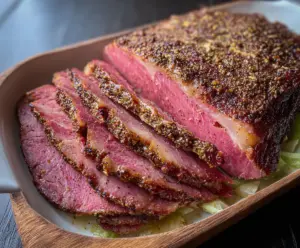 Delicious brown sugar Dijon glazed corned beef brisket on a plate.