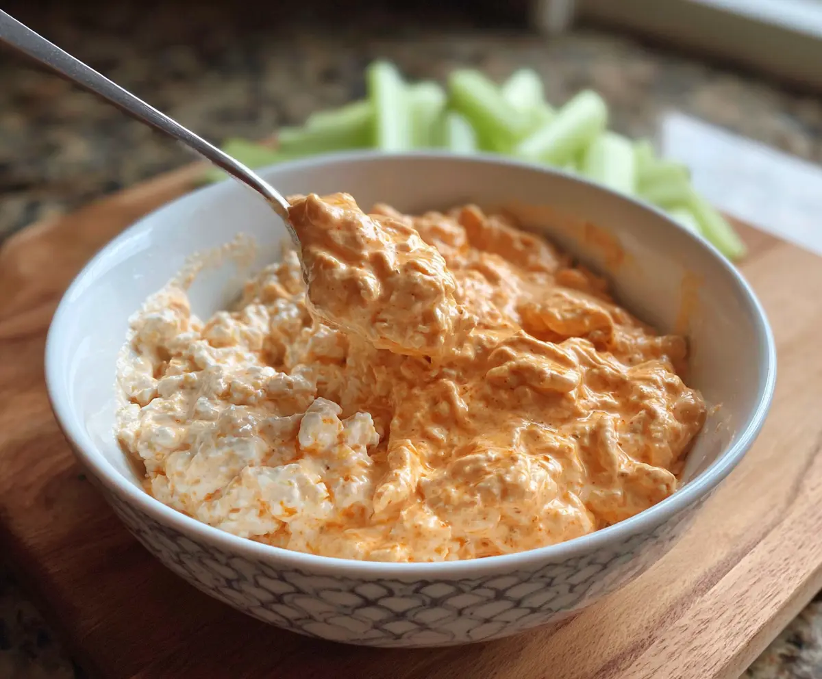Creamy Buffalo Chicken Cottage Cheese bowl with spicy and tangy flavors perfect for a healthy snack