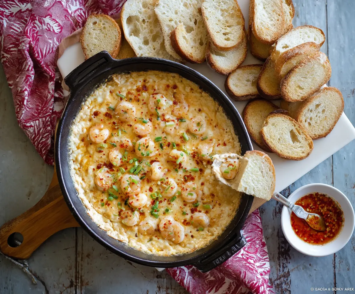 Delicious Cajun Shrimp Dip served with fresh herbs and crispy crackers.