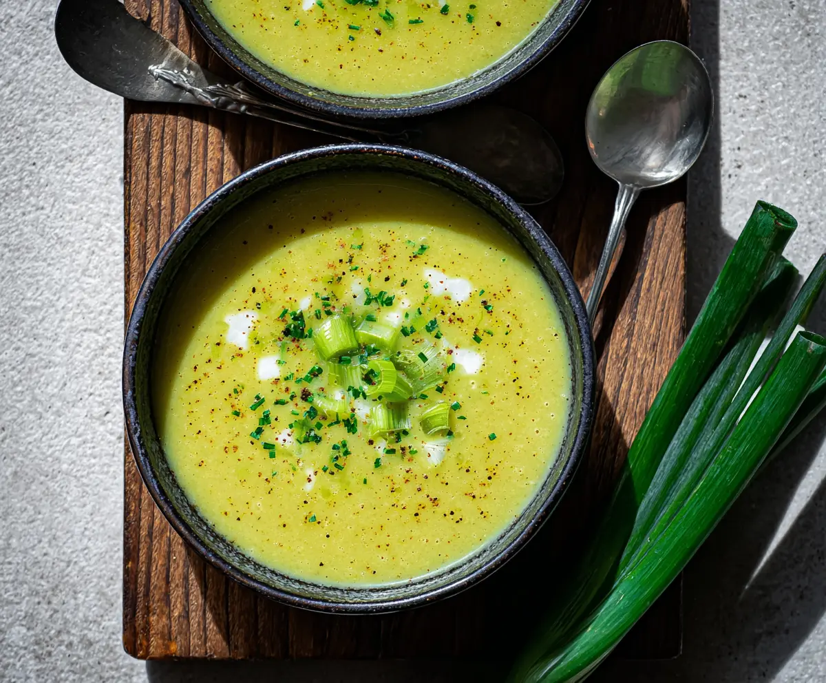 Delicious bowl of creamy celery leek soup garnished with fresh herbs.