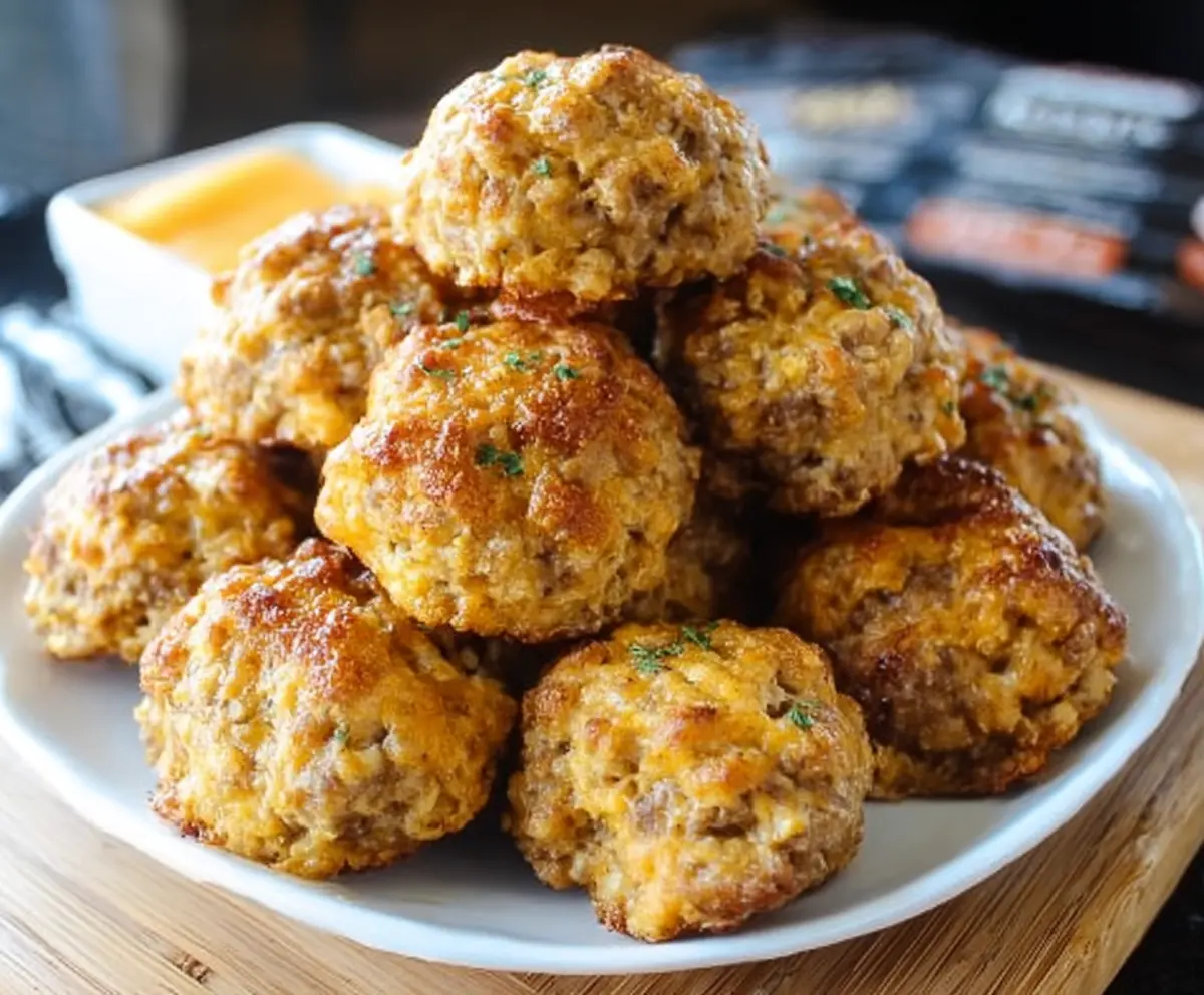 Delicious Cheddar Bay Sausage Balls on a serving platter with melted cheese and herbs.