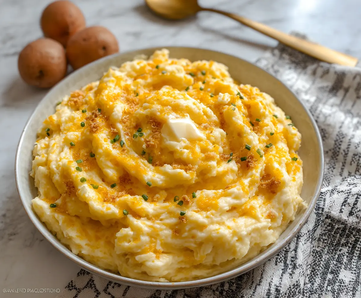 Creamy cheddar garlic mashed potatoes served as a delicious comfort side dish.