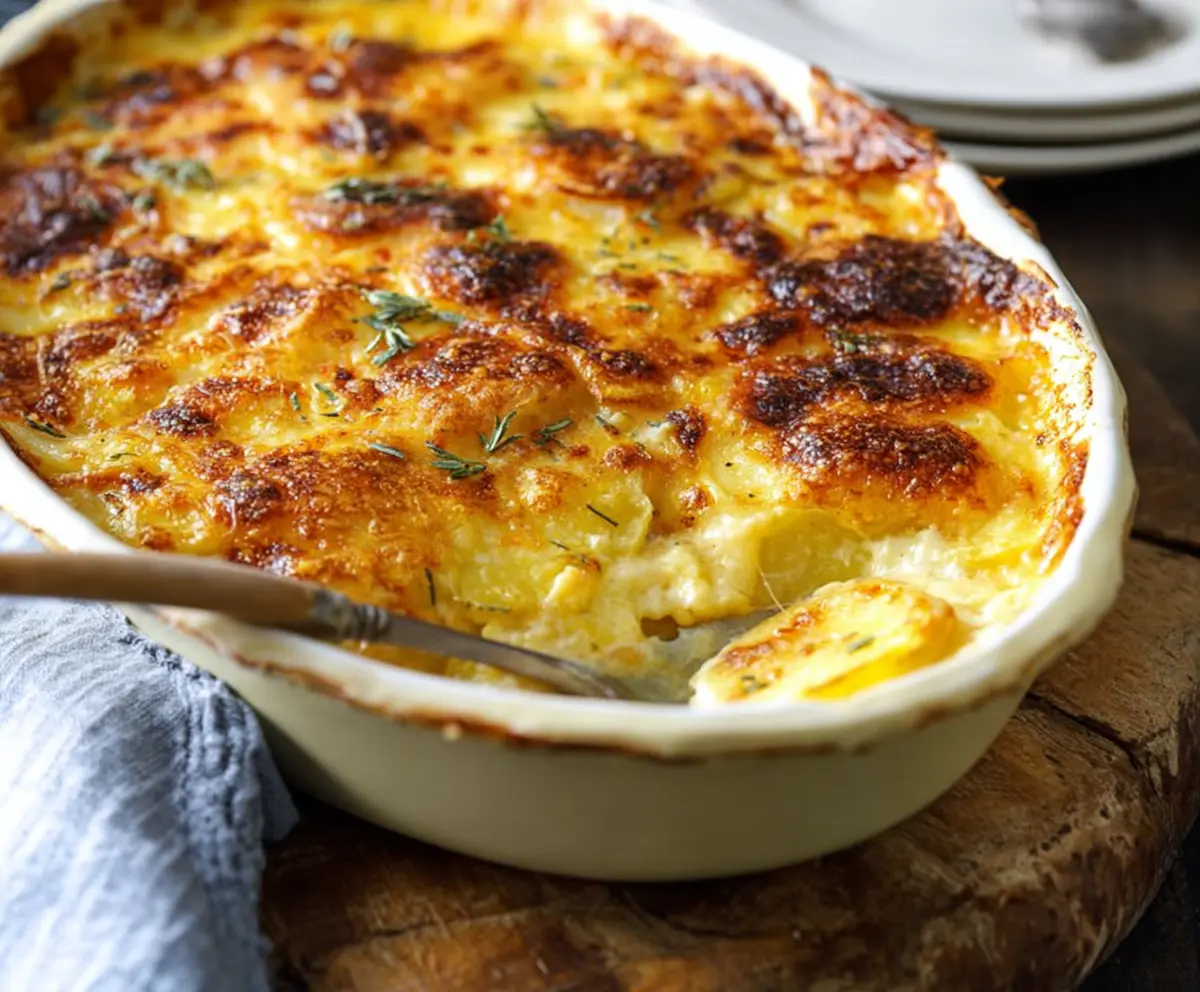 Delicious cheesy potato gratin casserole with golden melted cheese and crispy edges, served in a baking dish.