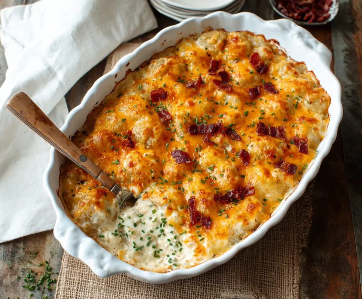 Delicious cheesy ranch potatoes garnished with fresh herbs, perfect for a comforting meal.