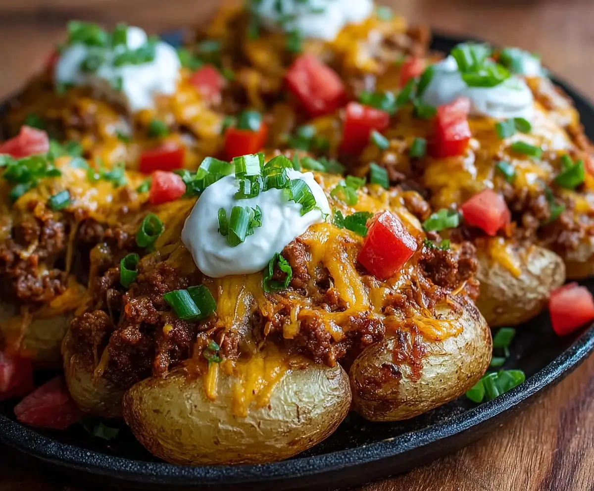 Delicious Cheesy Taco Potatoes served on a plate with fresh toppings