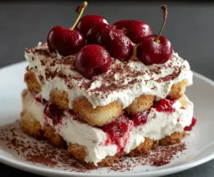 Delicious Cherry Amaretto Tiramisu layered dessert with fresh cherries and creamy mascarpone cheese