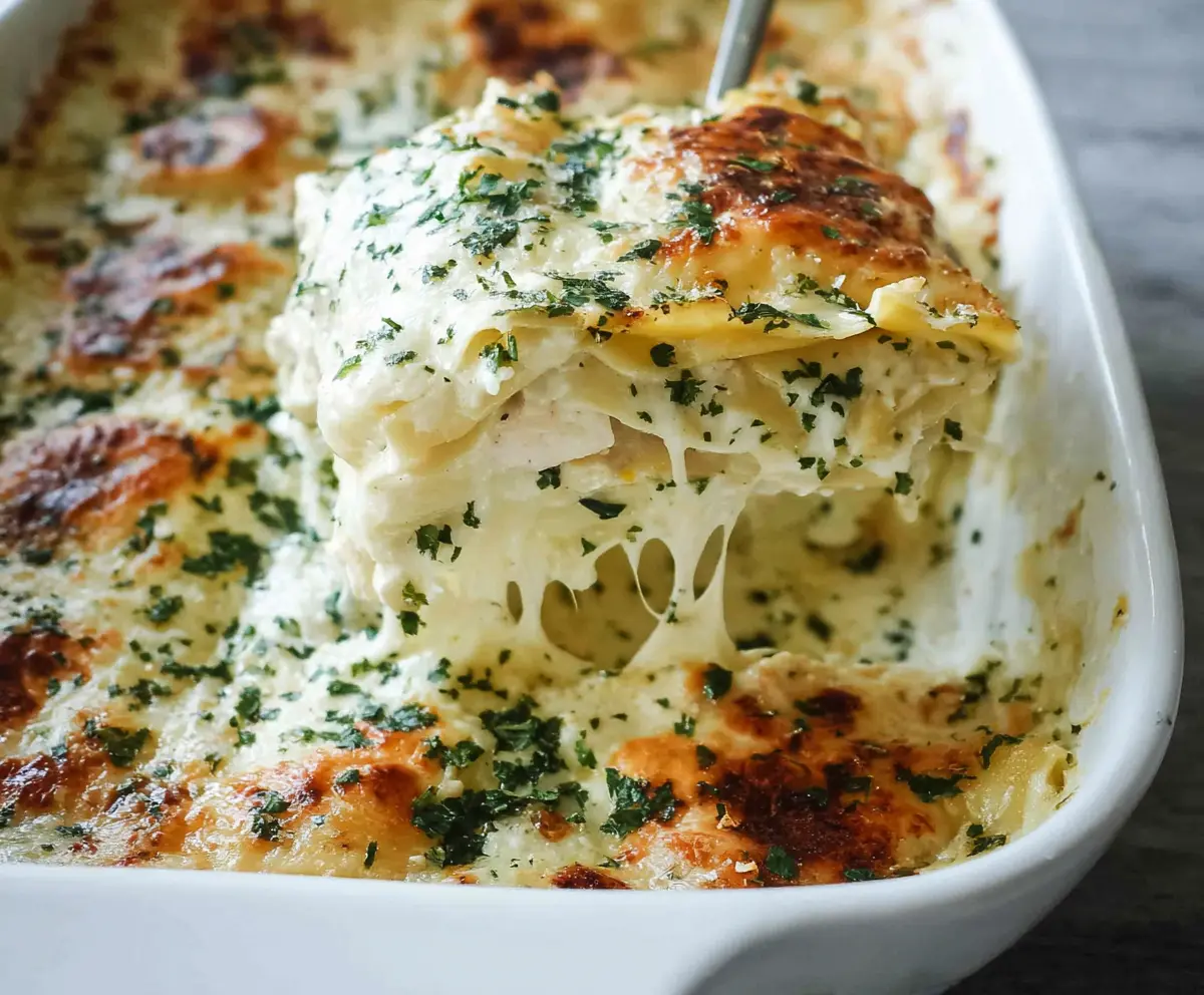 Delicious Chicken Alfredo Lasagna with layers of creamy sauce and tender chicken in a baked dish