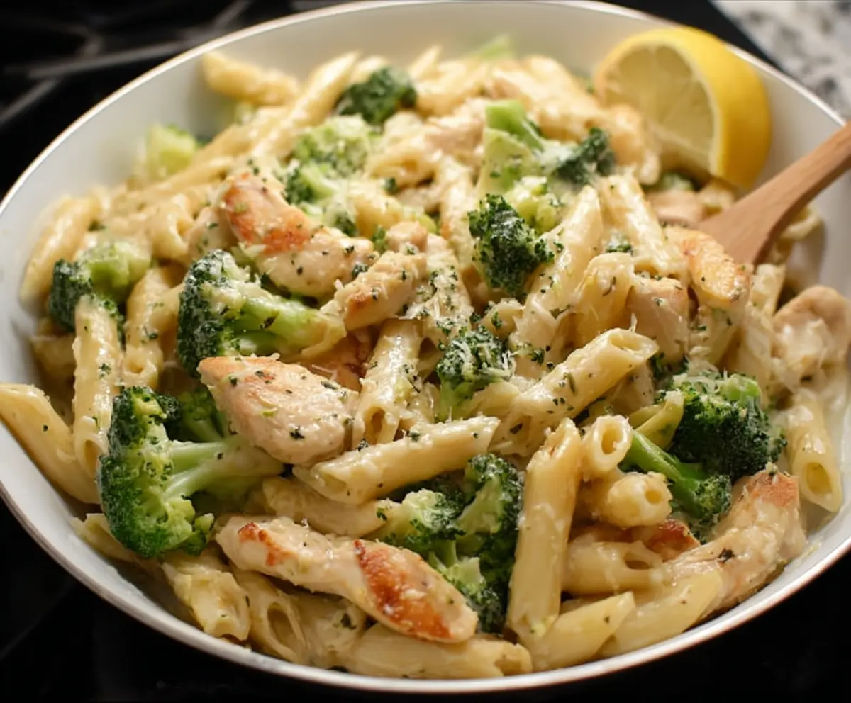 Delicious chicken and broccoli pasta dish served on a plate, perfect for a healthy meal.